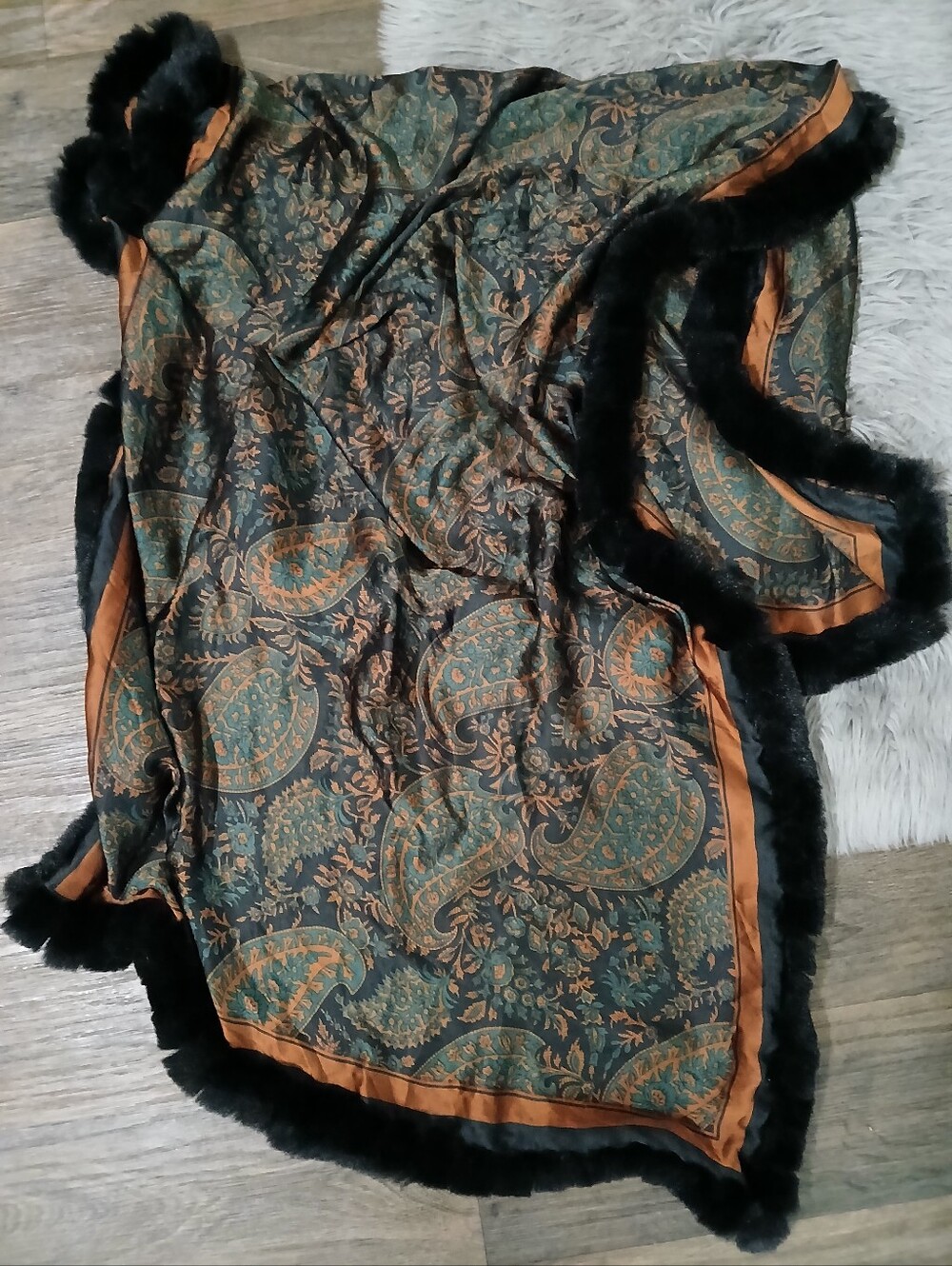 La Fiorentina Paisley Print Faux Fur Trim Wrap Scarf.